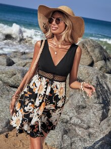 SHEIN VCAY Floral Print Contrast Fishnet Insert Tie Backless Dress - Black - View 6