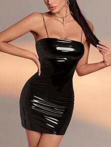 素色PU皮革緊身連衣裙 - 黑色 - 查看 4