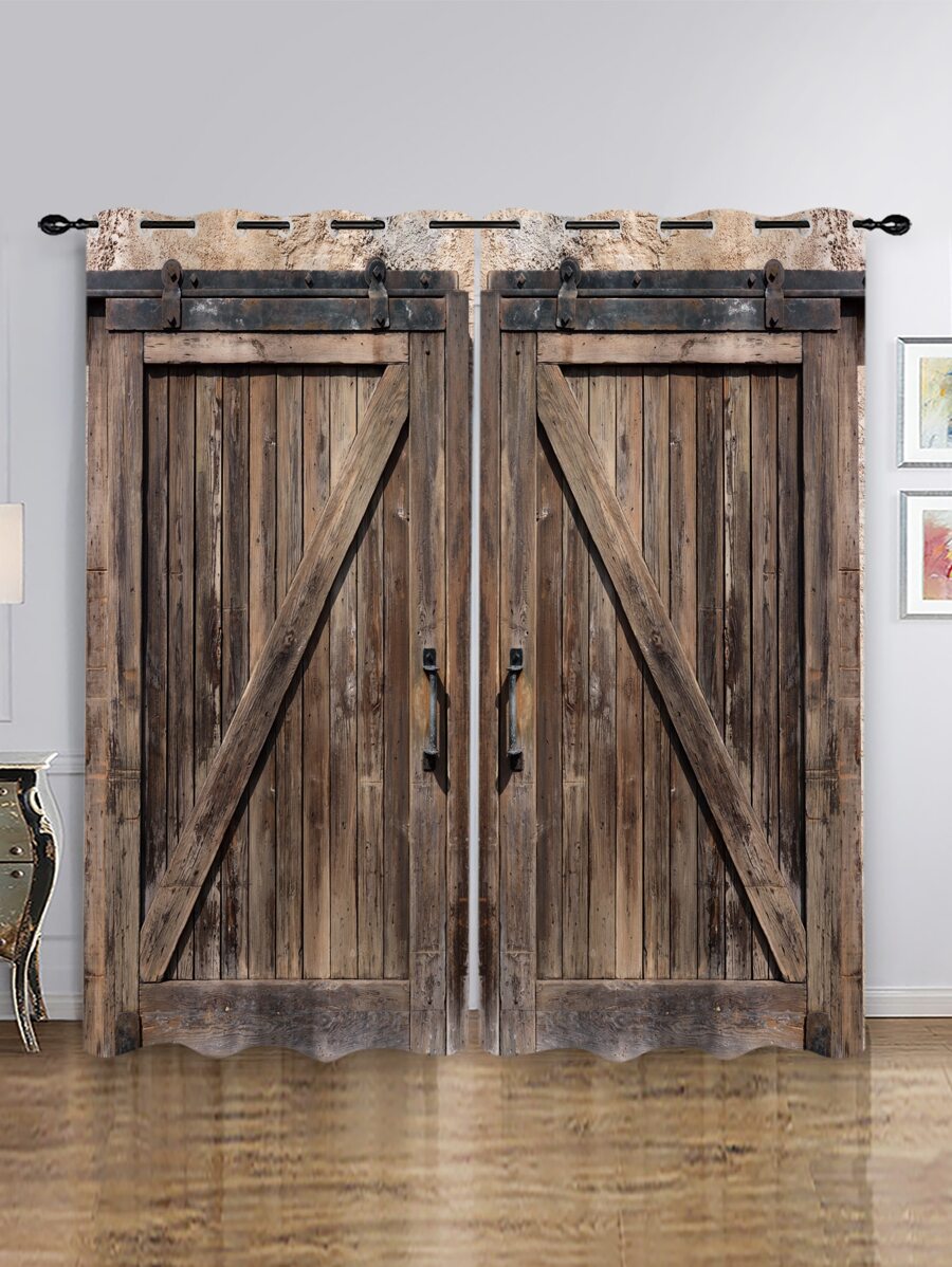 2pcs Rustic Curtain, Wooden Door Pattern Curtain For Bathroom, Living Room, Bedroom, Window Curtains, Home Decoration,Wooden Door Pattern Curtain - Multicolor - View 1