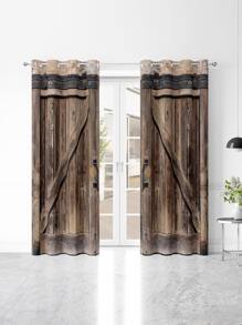2pcs Rustic Curtain, Wooden Door Pattern Curtain For Bathroom, Living Room, Bedroom, Window Curtains, Home Decoration,Wooden Door Pattern Curtain - Multicolor - View 3