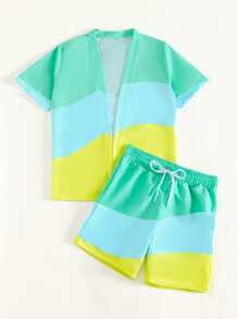 Boys Color Block Kimono & Beach Shorts - Multicolor - View 5