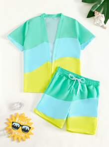 Boys Color Block Kimono & Beach Shorts - Multicolor - View 1