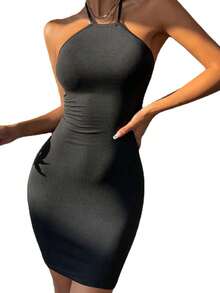 素色繞頸露背緊身連衣裙 - 黑色 - 查看 4