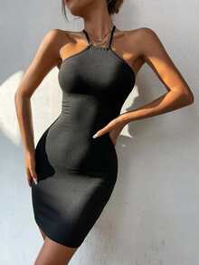 素色繞頸露背緊身連衣裙 - 黑色 - 查看 5