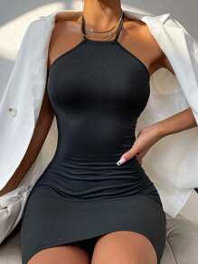 素色繞頸露背緊身連衣裙 - 黑色 - 查看 1