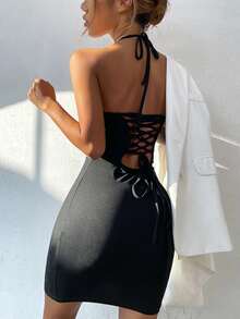 素色繞頸露背緊身連衣裙 - 黑色 - 查看 3