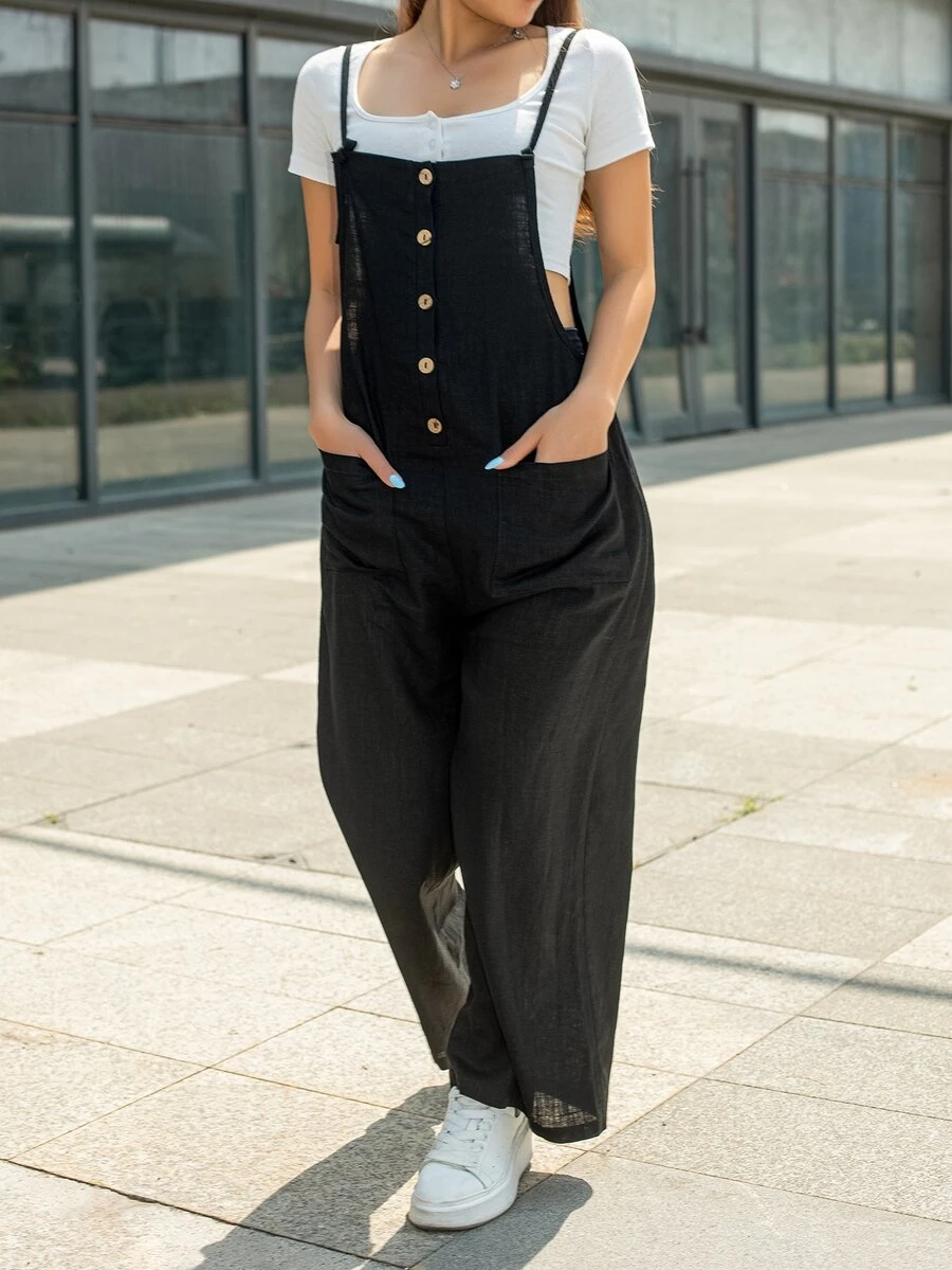 AAmilife Button Front Overall Jumpsuit Without Tee - Black - View 1