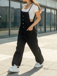 AAmilife Button Front Overall Jumpsuit Without Tee - Black - View 4