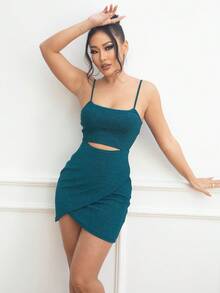 Joyfunear Cut Out Wrap Hem Cami Dress - Teal Blue - View 5