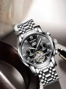 KINYUED 1入組男士銀色不銹鋼錶帶時尚羅馬數字刻度日期多功能圓形錶盤機械手錶適合日常生活 - 銀色 - 查看 1