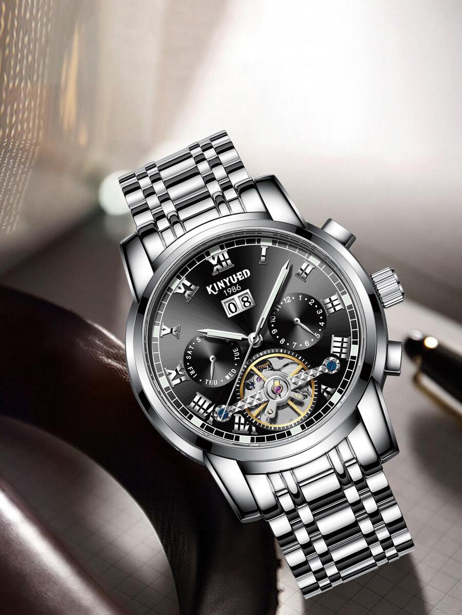 KINYUED 1入組男士銀色不銹鋼錶帶時尚羅馬數字刻度日期多功能圓形錶盤機械手錶適合日常生活 - 銀色 - 查看 1