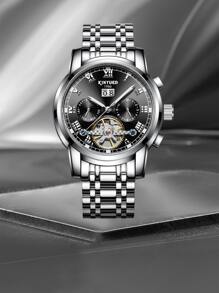 KINYUED 1入組男士銀色不銹鋼錶帶時尚羅馬數字刻度日期多功能圓形錶盤機械手錶適合日常生活 - 銀色 - 查看 2