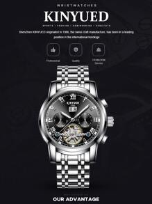 KINYUED 1入組男士銀色不銹鋼錶帶時尚羅馬數字刻度日期多功能圓形錶盤機械手錶適合日常生活 - 銀色 - 查看 6