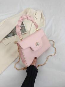 Small Flap Square Bag Pearl Decor Ruched Handle Pink - Baby Pink - View 2