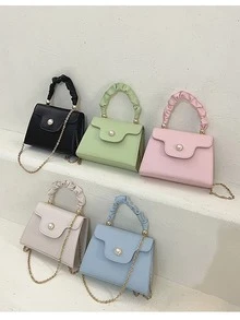 Small Flap Square Bag Pearl Decor Ruched Handle Pink - Baby Pink - View 1