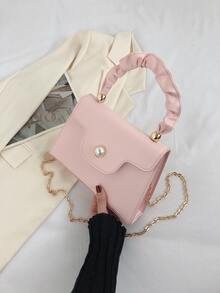 Small Flap Square Bag Pearl Decor Ruched Handle Pink - Baby Pink - View 3