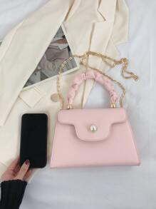 Small Flap Square Bag Pearl Decor Ruched Handle Pink - Baby Pink - View 6