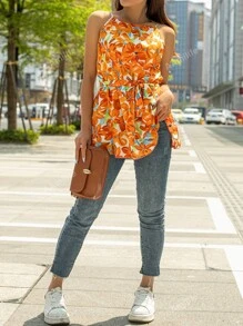 AAmilife Floral Print Belted Halter Top