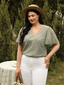 SHEIN Frenchy Plus Contrast Lace Butterfly Sleeve Blouse - Mint Green - View 4