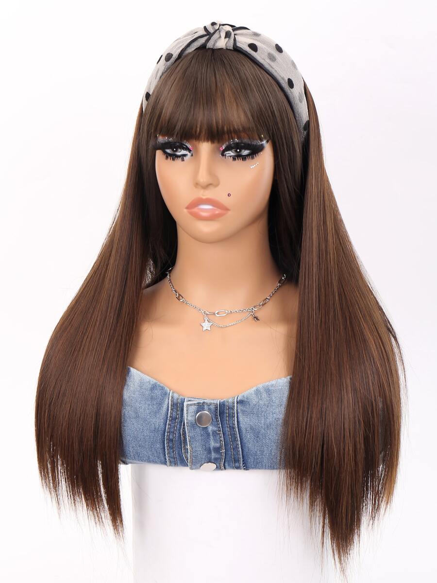 Long Straight Synthetic Wig With Headband - Light Brown - View 1