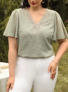 SHEIN Frenchy Plus Contrast Lace Butterfly Sleeve Blouse - Mint Green - View 1