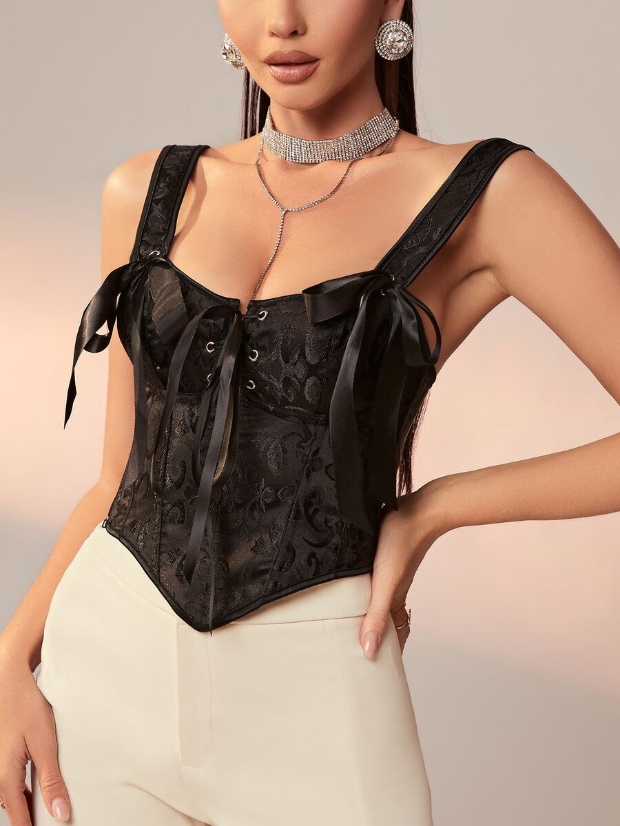 前繫帶頭巾下擺緊身胸衣吊帶衫 - 黑色 - 查看 1