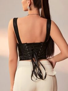 前繫帶頭巾下擺緊身胸衣吊帶衫 - 黑色 - 查看 2