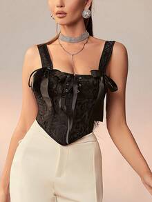 前繫帶頭巾下擺緊身胸衣吊帶衫 - 黑色 - 查看 4