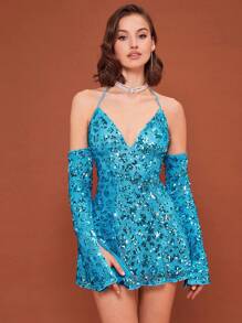 SHEIN BAE Off Shoulder Halter Neck Backless Sequin Dress - Mint Blue - View 2