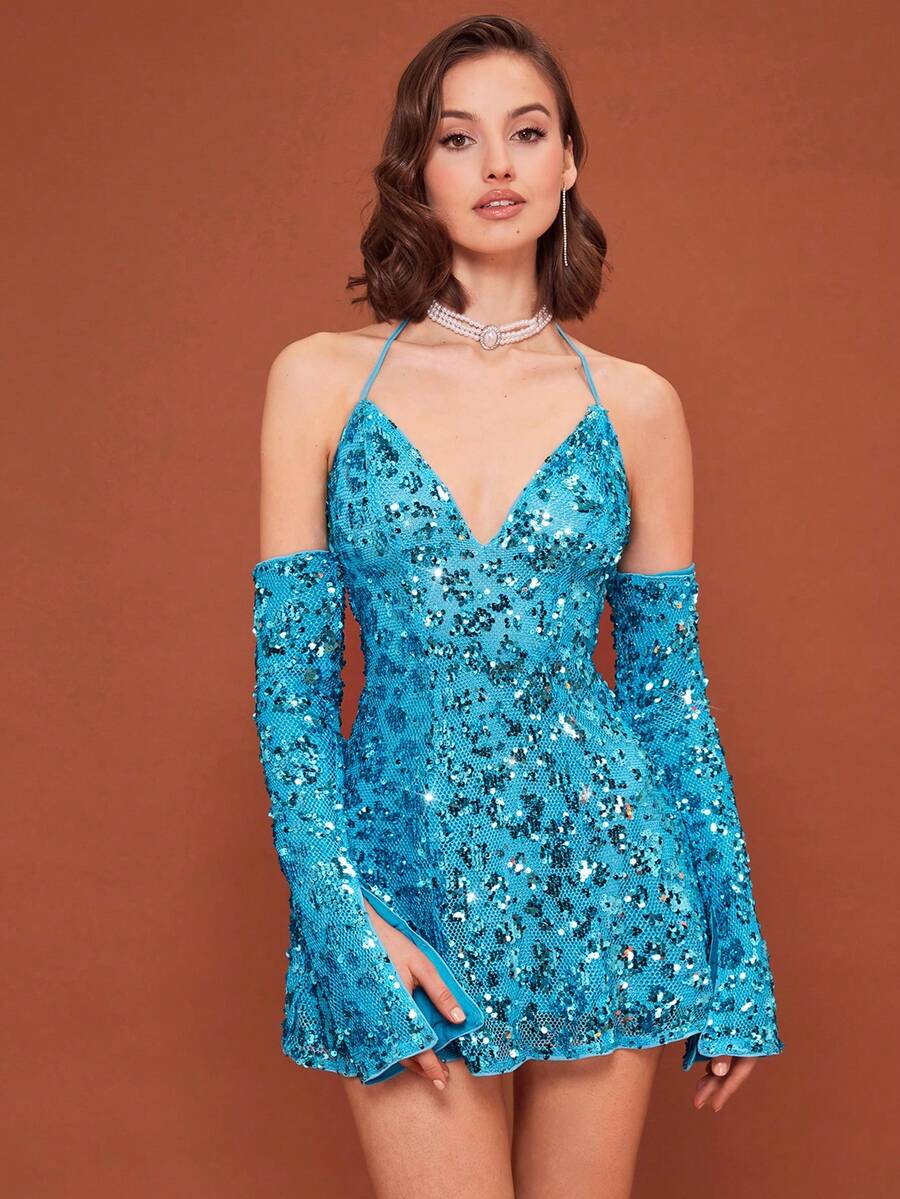 SHEIN BAE Off Shoulder Halter Neck Backless Sequin Dress
