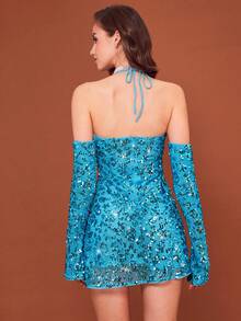 SHEIN BAE Off Shoulder Halter Neck Backless Sequin Dress - Mint Blue - View 3