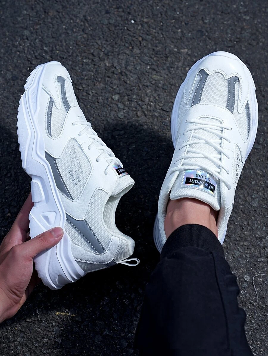 男士前綁帶字母貼飾運動戶外織物老爹鞋 - 白色 - 查看 1