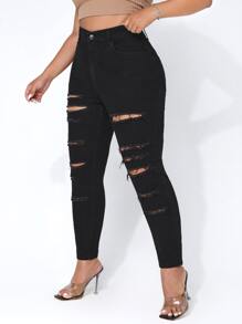 SHEIN SXY Quần Denim kích thước lớn Nút Bị tách màu trơn - màu đen - Xem 3