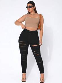 SHEIN SXY Quần Denim kích thước lớn Nút Bị tách màu trơn - màu đen - Xem 4