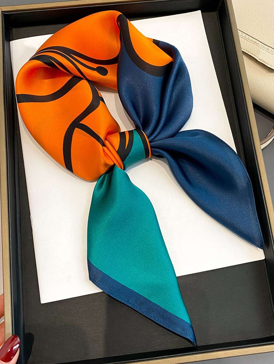 1入組26.77英寸女士仿真絲印花方巾，多功能髮帶、頸巾、頭巾、手提包裝飾頭帶、頭帶，理想裝扮您的造型 - 彩色 - 查看 1