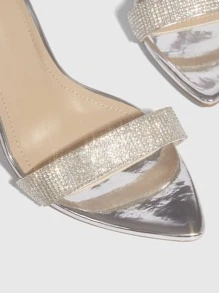 Metallic Rhinestone Decor Faux Suede Stiletto Heeled Ankle Strap Sandals - Silver - View 5