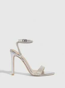 Metallic Rhinestone Decor Faux Suede Stiletto Heeled Ankle Strap Sandals - Silver - View 4