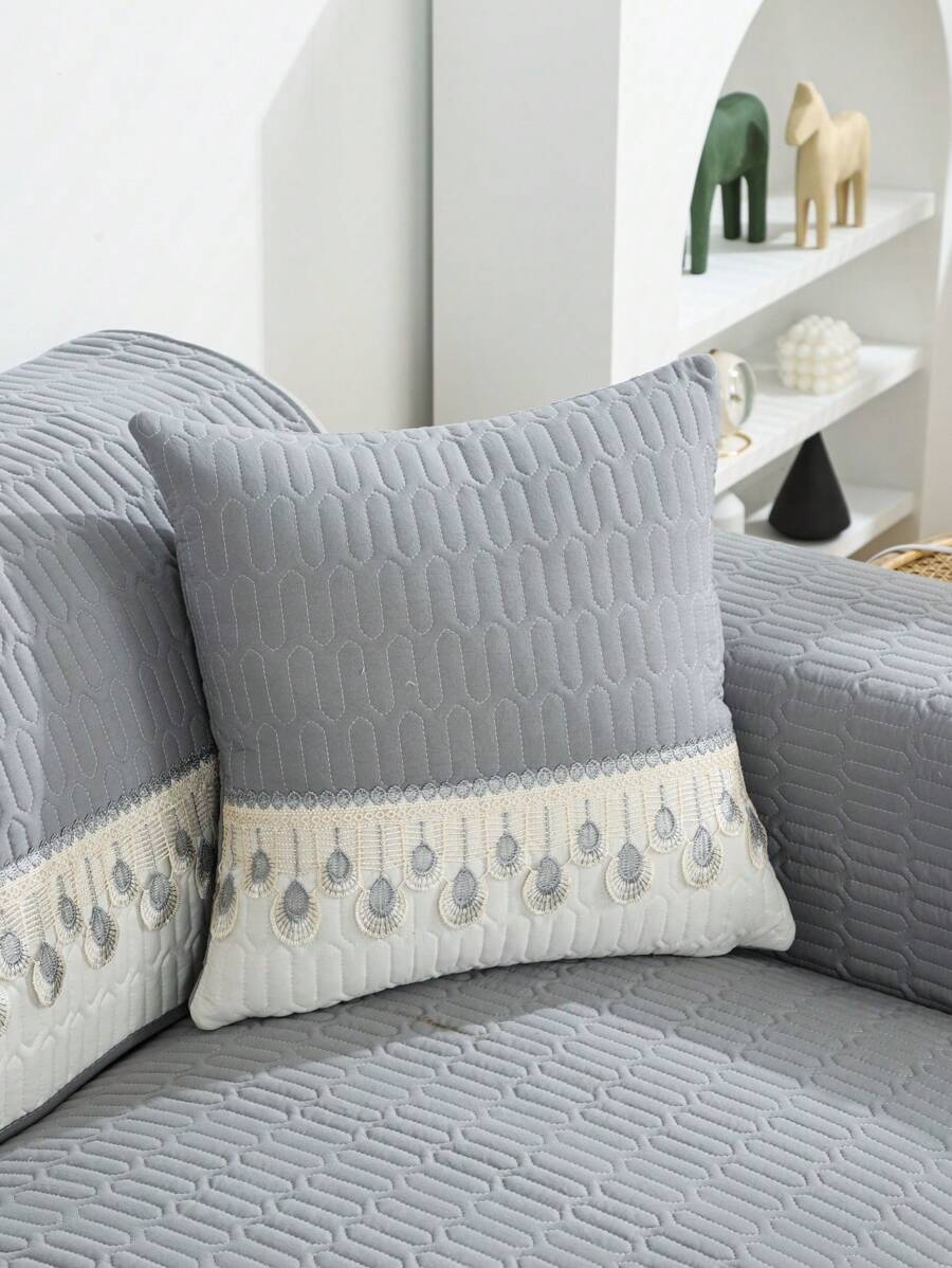 1入組撞色裝飾抱枕套現代織物蕾絲裝飾靠墊套適用於客廳家居裝飾 - 灰色 - 查看 1