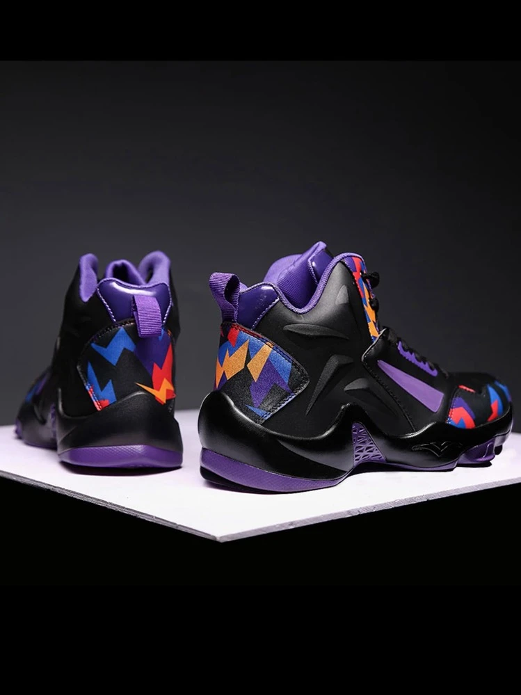 Men Colorblock Lace-up Front Basketball Shoes, Sporty Outdoor Sneakers - Black - View 2