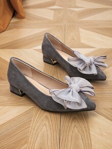 Bow Decor Faux Suede Point Toe Flats - Grey - View 3