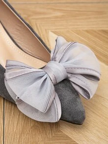 Bow Decor Faux Suede Point Toe Flats - Grey - View 4