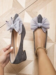 Bow Decor Faux Suede Point Toe Flats - Grey - View 5