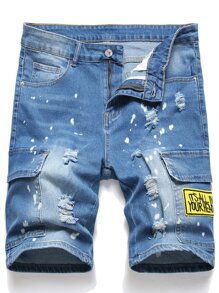 Manfinity LEGND Hombres Shorts en mezclilla desgarro con bolsillo con solapa con parche - Lavado ligero - Ver 1