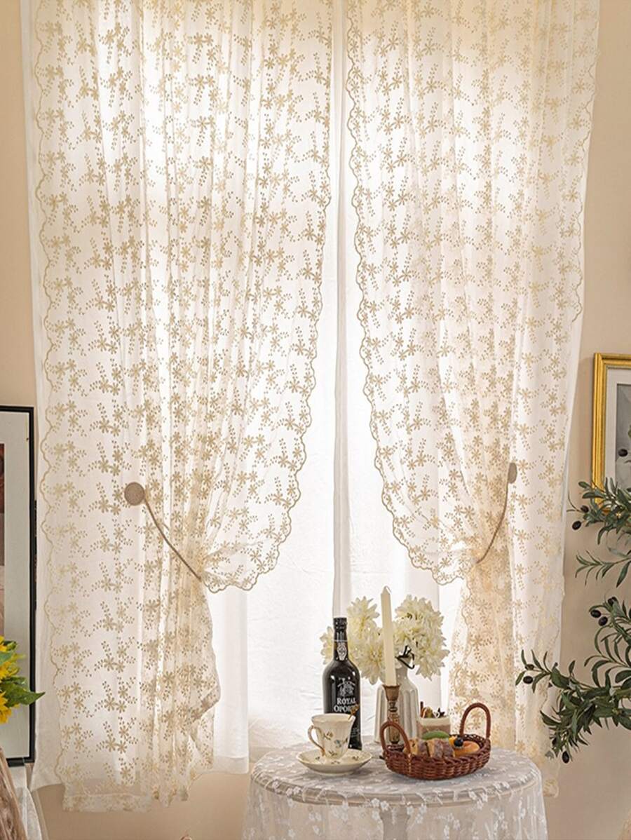 1pc Princess Style Embroidered Chrysanthemum Lace Sheer Curtain - Beige - View 1