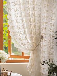1pc Princess Style Embroidered Chrysanthemum Lace Sheer Curtain - Beige - View 2