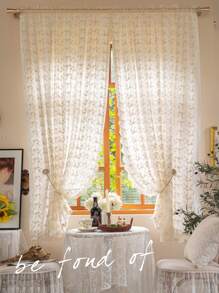 1pc Princess Style Embroidered Chrysanthemum Lace Sheer Curtain - Beige - View 6