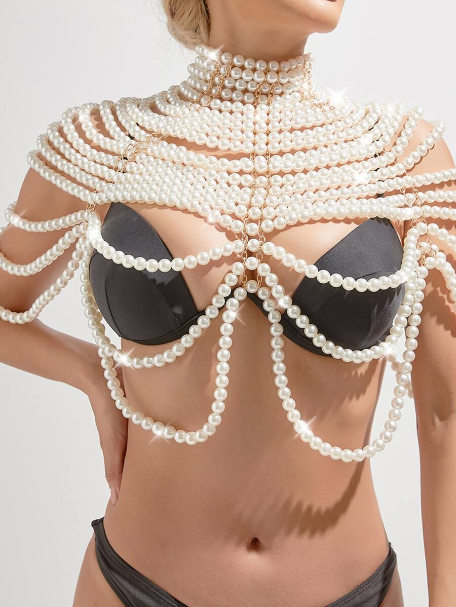 Faux Pearl Beaded Body Chain - White - View 1