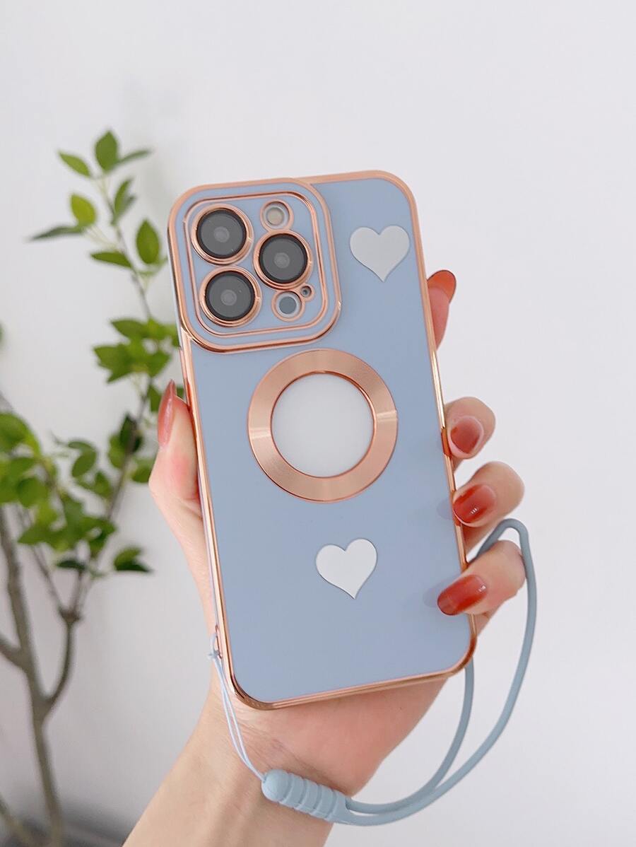 愛心圖案手機殼附帶繩子 - 藍色 - 查看 1