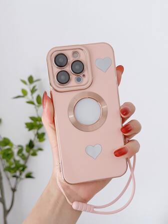 愛心圖案手機殼附帶繩子
