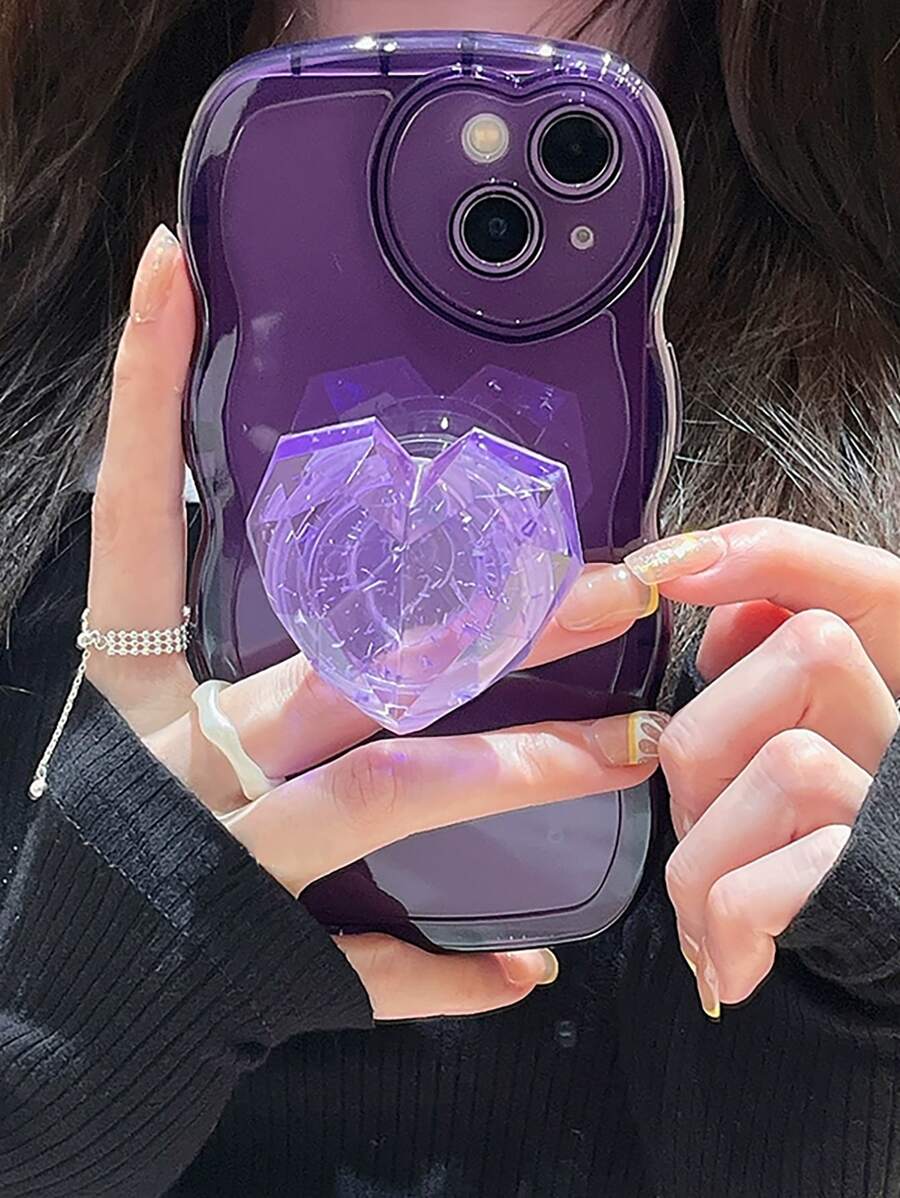 Solid Wavy Frame Phone Case With Stand-Out Phone Grip - Purple - View 1